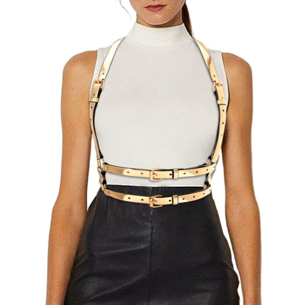 Women Fashion Faux Leather Waist Harness Belt Reflective Rave Body Chain